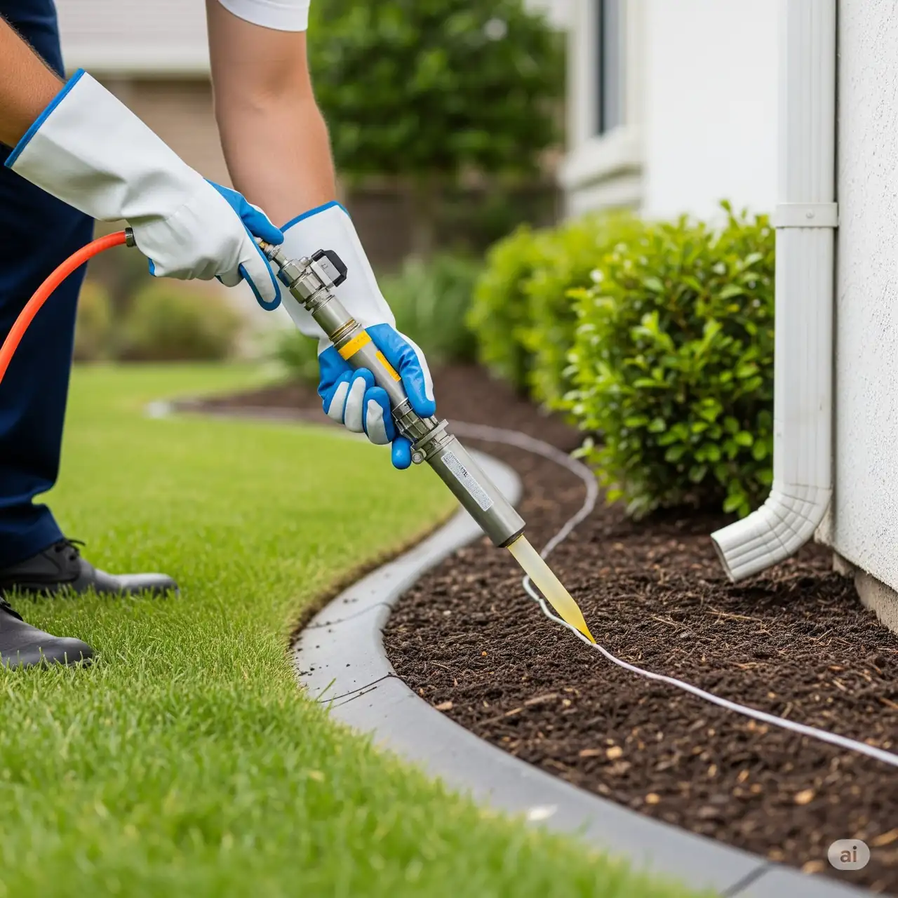 Termidor chemical barrier being applied to soil around Melbourne property