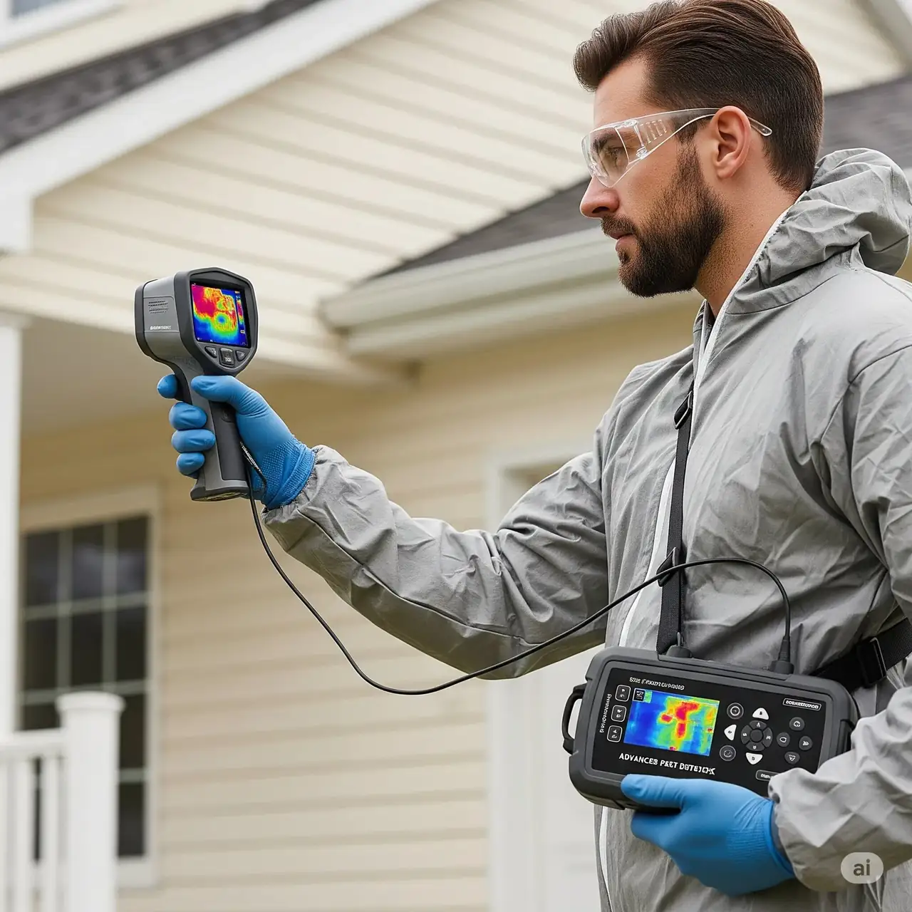 Termite technician scanning the outside wall of a Melbourne home with a thermal imaging camera before a barrier treatment