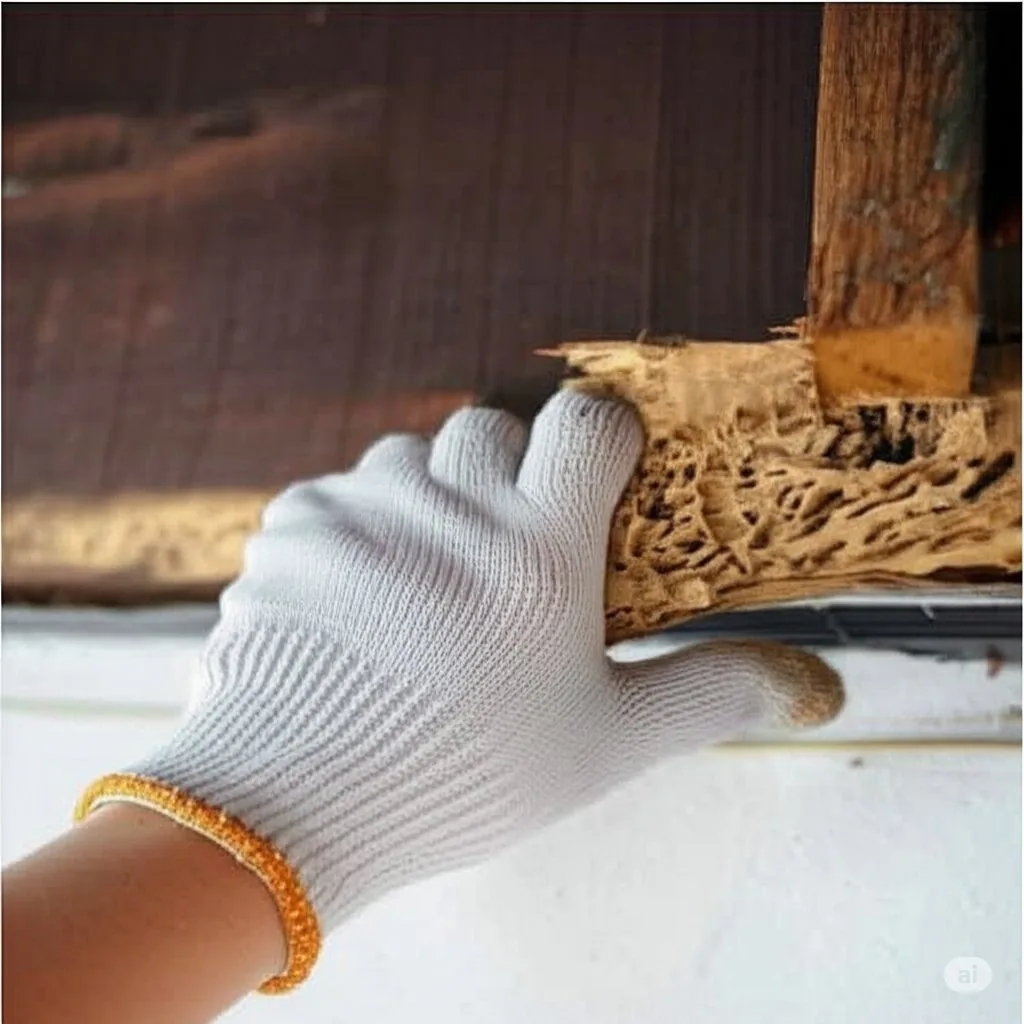 Gloved hand holding a piece of termite-damaged timber hollowed out from inside a Melbourne home