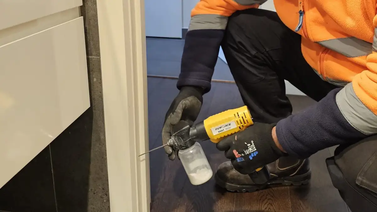 Technician applying termiticide at the junction of an internal wall and floor, a common hidden termite entry point
