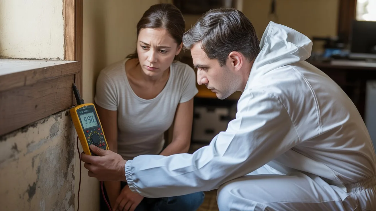 Termite technician showing a homeowner a moisture meter reading taken on an interior wall