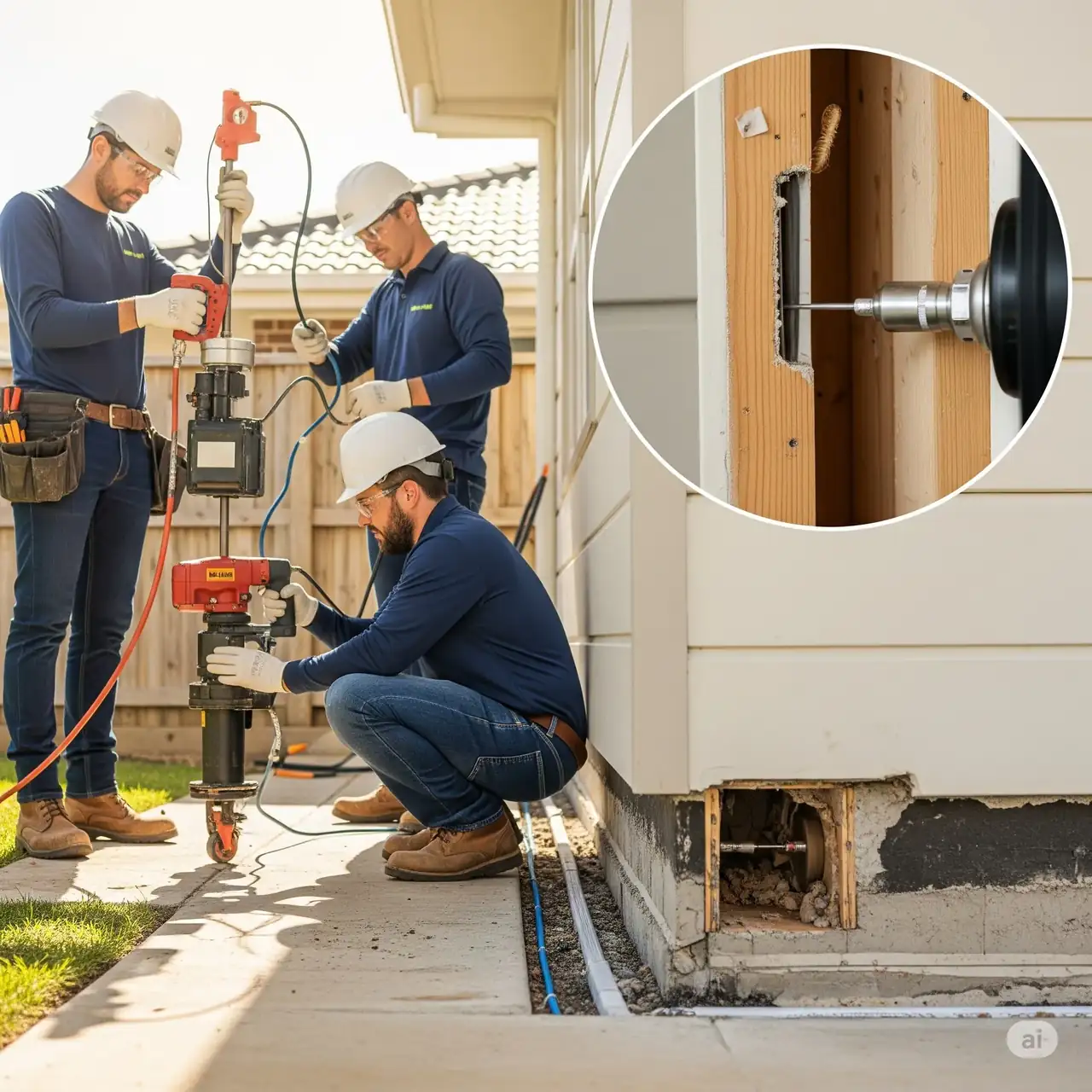 Technicians laying termite reticulation pipework in a trench beside a Melbourne home, with a close-up of a capped injection point