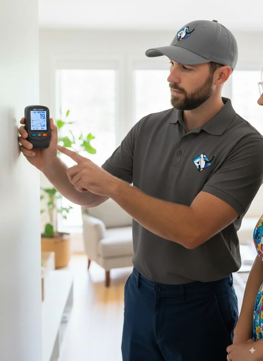 Inspector taking a moisture meter reading on an interior wall during a pre-purchase pest inspection